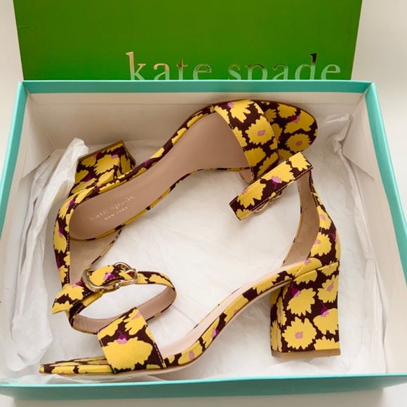Kate Spade Susane Rich Fudge Sandals Floral Yellow Ankle Strap Block Heel Pumps - Picture 9 of 11